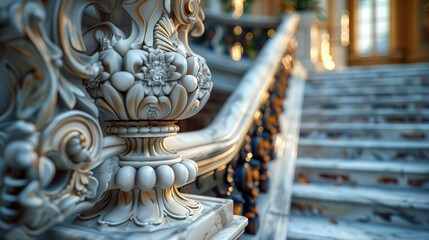Fototapeta premium Intricate carved marble handrail detail on grand staircase.