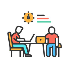 Obraz premium Vector icon depicting two people engaged in collaborative work in an office setting, focusing on a laptop while monitoring a clock in a productive environment