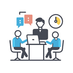 Vector icon depicting a team of people collaborating in a modern office environment while discussing a project with a computer and a clock indicating productivity