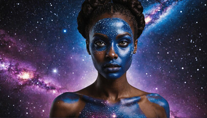 A woman with blue body paint stands in front of a starry night sky