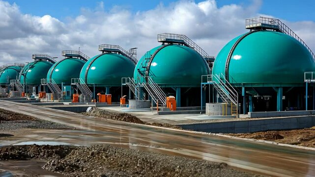 A row of large, green, dome-shaped tanks stand in a field, likely part of a biogas or waste treatment facility