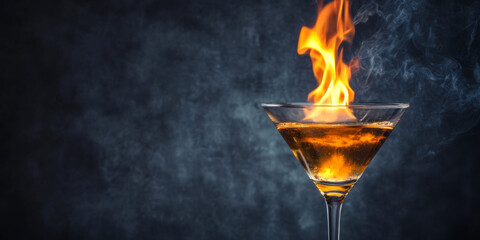 Flaming cocktail served in a glass garnished with vibrant flames at a bar