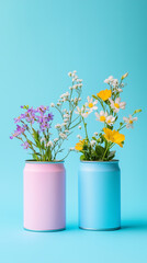 Fototapeta premium Colorful drink cans used as vases, filled with spring flowers in pastel colors, against a vibrant blue background with a minimalist aesthetic.