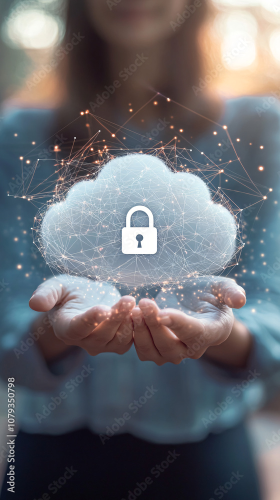 Poster businesswoman holding a cloud computing symbol with a padlock, representing data protection and cybe