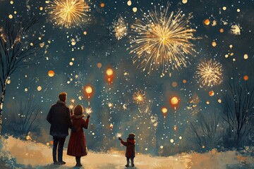 Family Watching Fireworks Display on Winter Night Celebration