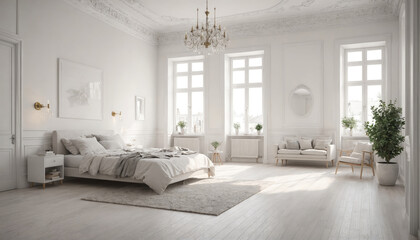 Fototapeta premium A bright white bedroom with a large bed, a chandelier, and several windows letting in natural light
