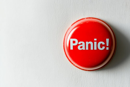 Red panic button on a white surface signaling urgent action or alert