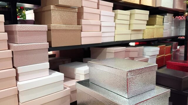 Silver, gold, and pink gift boxes are stacked neatly on black shelves, ready for the holiday season. Christmas decorations are barely visible in the background