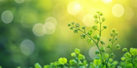 Fototapeta premium Fresh green foliage with sunlight and bokeh in serene nature setting