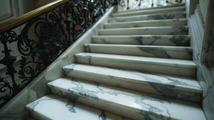 Marble staircase with ornate railing in a grand building.