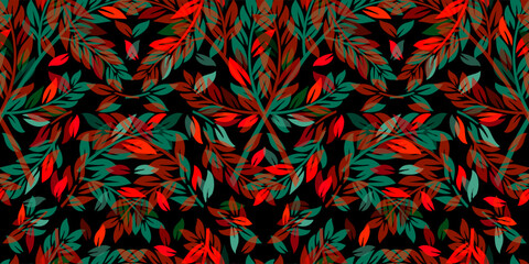 Green and red seamless pattern twigs and leaves. Christmas background. hand drawing. Not AI, Vector illustration.