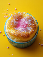 Golden soufflé in a blue ramekin with pink powder.