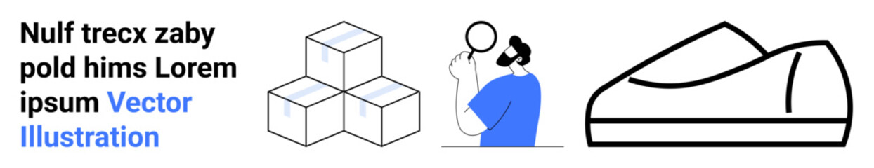 Stacked cubes, a person with a magnifying glass inspecting, and a sleek, futuristic sneaker in black lines and blue. Ideal for technology, research, innovation, design, modern concepts, future tech