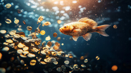 A goldfish swimming through water with floating coins around it.