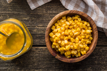 Canned sweet corn in bowl on wooden table. Top view.
