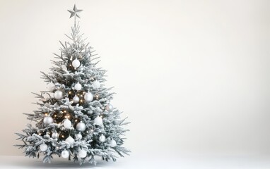 Modern Minimalist Tree with White Decorations: A sleek and stylish Christmas tree with minimalist white and silver ornaments, delicate white lights, 