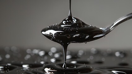 Close-up of a spoon with thick black liquid Shilajit resin.  Beautiful natural shilajit resin pours on top of the spoon.  Gray background. 