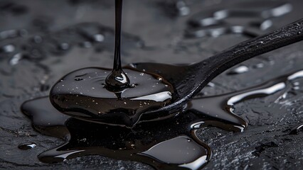 Close-up of a black spoon with thick black liquid Shilajit resin.  Natural shilajit resin is poured on top of the spoon.  Solidified shilajit in the background. 
