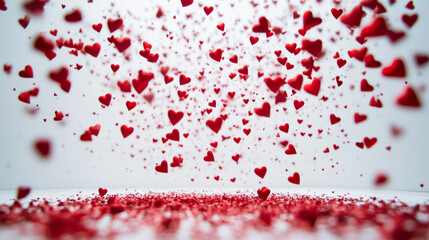 Red heart-shaped confetti falls beautifully in celebration of love and joy