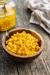Canned sweet corn in bowl on wooden table.