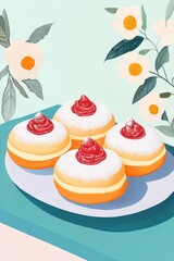 Delicious donuts filled with jam and topped with powdered sugar ready for coloring