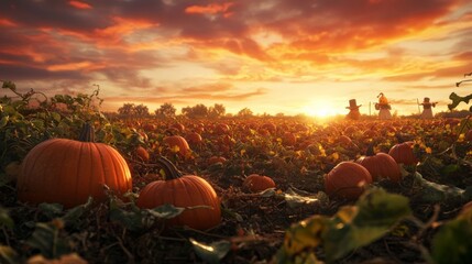 Beautiful Sunset Over Pumpkin Field with Scarecrows in Autumn Colorful Sky
