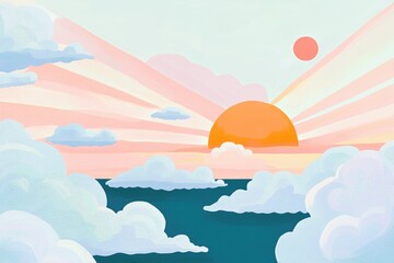 Sunset scene in winter with a cloudy sky and rays of light over a sea of clouds