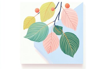 Obraz premium Coloring book illustration of a vibrant leaf pattern created with gouache on a white canvas featuring a light blue tabletop