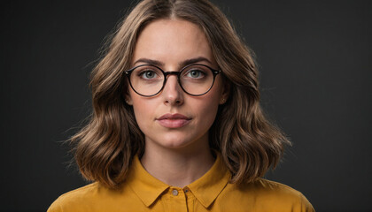 Obraz premium A woman with brown hair and glasses looks directly at the camera, wearing a yellow shirt against a gray background