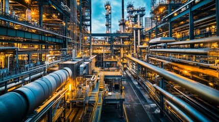 Fototapeta premium Industrial complex with pipes and machinery glowing in the evening light. A busy oil or gas refinery setting.