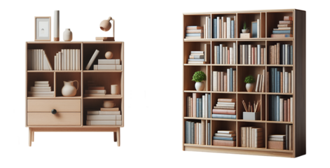 The image shows two wooden bookshelves isolated on transparent background, each with multiple compartments containing various objects.