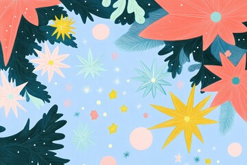 Naklejka premium Christmas and New Year s coloring pattern featuring bright stars and snowflakes on a vibrant background Ideal for paper fabric and wallpaper designs