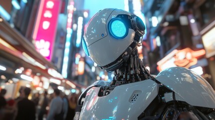 Fototapeta premium Futuristic robot with glowing blue eyes in a bustling city at night, showcasing advanced technology and urban life.
