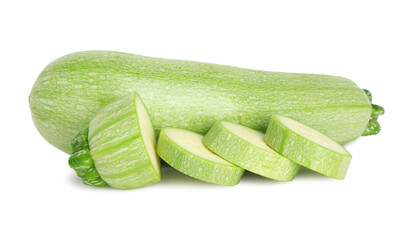 Fresh whole and cut zucchinis isolated on white