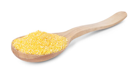 Raw cornmeal in wooden spoon isolated on white