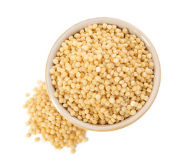 Raw couscous in bowl isolated on white, top view