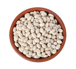 Dried beans in bowl isolated on white, top view