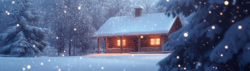 Holiday cabin in the woods with vibrant snow, soft lighting, cozy atmosphere, winter getaway