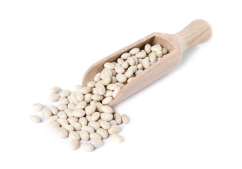 Dried beans in wooden scoop isolated on white