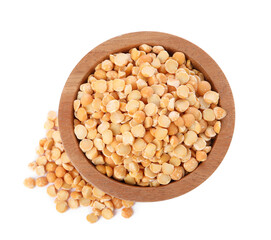 Dried peas in wooden bowl isolated on white, top view