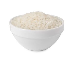 Raw rice in bowl isolated on white