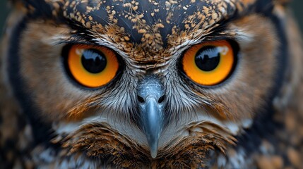 A close-up portrait of an owl's intense yellow eyes staring directly at the camera.