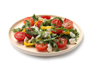 Tasty salad with arugula, cheese and vegetables isolated on white