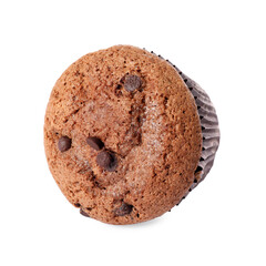 Delicious sweet muffin with chocolate chips isolated on white