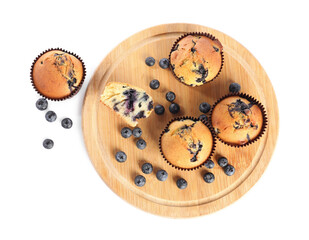 Delicious sweet muffins with blueberries isolated on white, top view