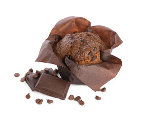 Delicious sweet muffin with chocolate chips isolated on white