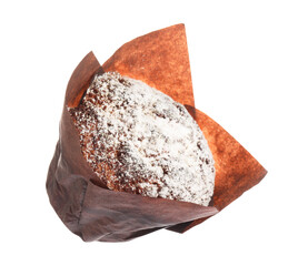 Delicious sweet muffin with powdered sugar isolated on white