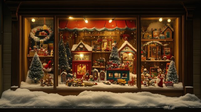 Christmas toy store window display with wooden toys and snowy decor