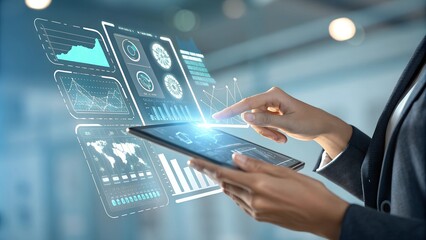 Close-up of a hand interacting with a digital assistant screen, showing information on a futuristic holographic display
