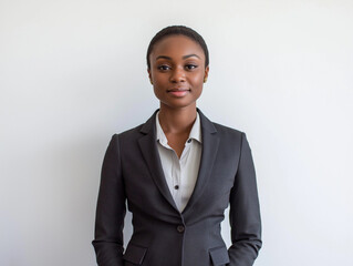 Professional portrait of a confident businesswoman wearing a dark blazer and light blouse, standing against a plain white background, smiling at the camera.